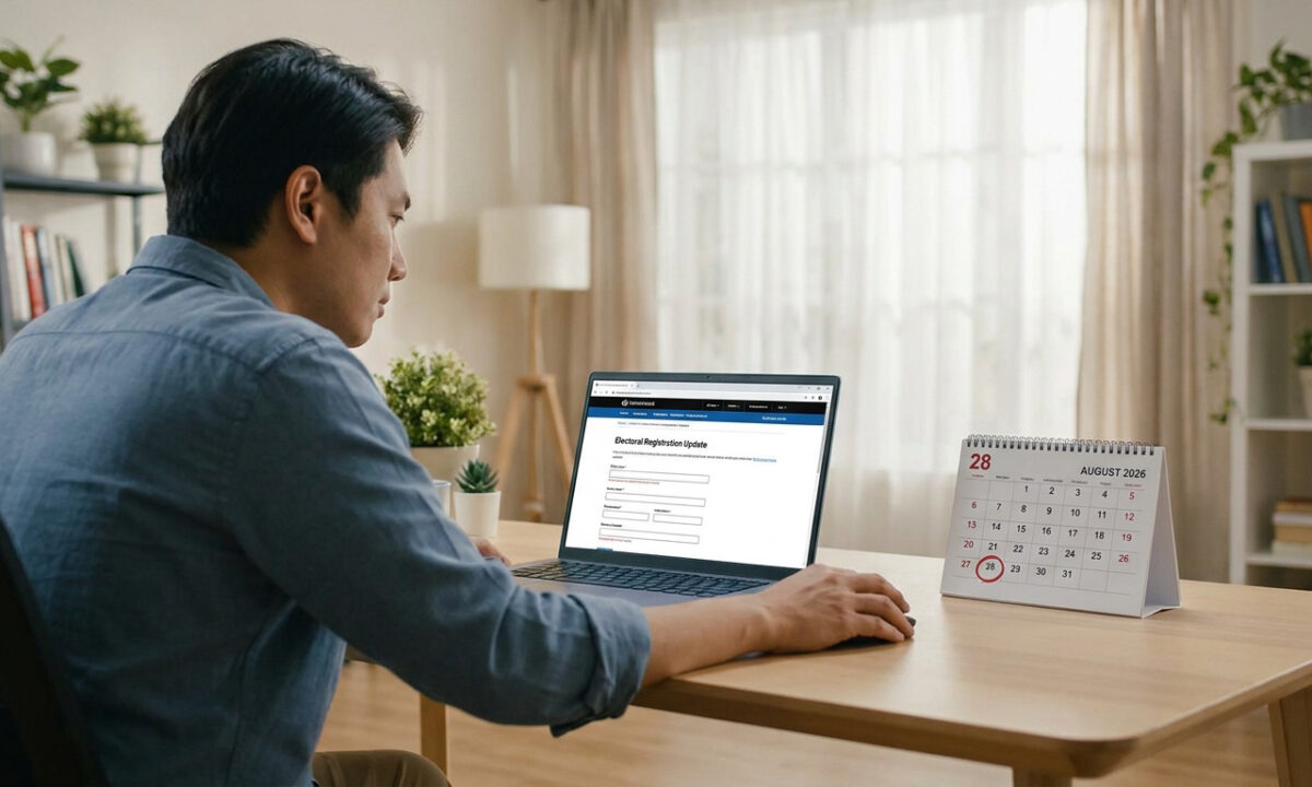Un homme utilise son ordinateur pour une inscription électorale, avec un calendrier indiquant la date du 28 août 2026.