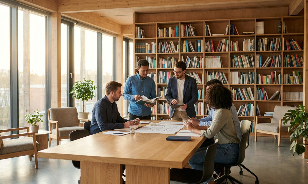Une équipe diversifiée travaille autour d'une table en bois dans une bibliothèque lumineuse et moderne.