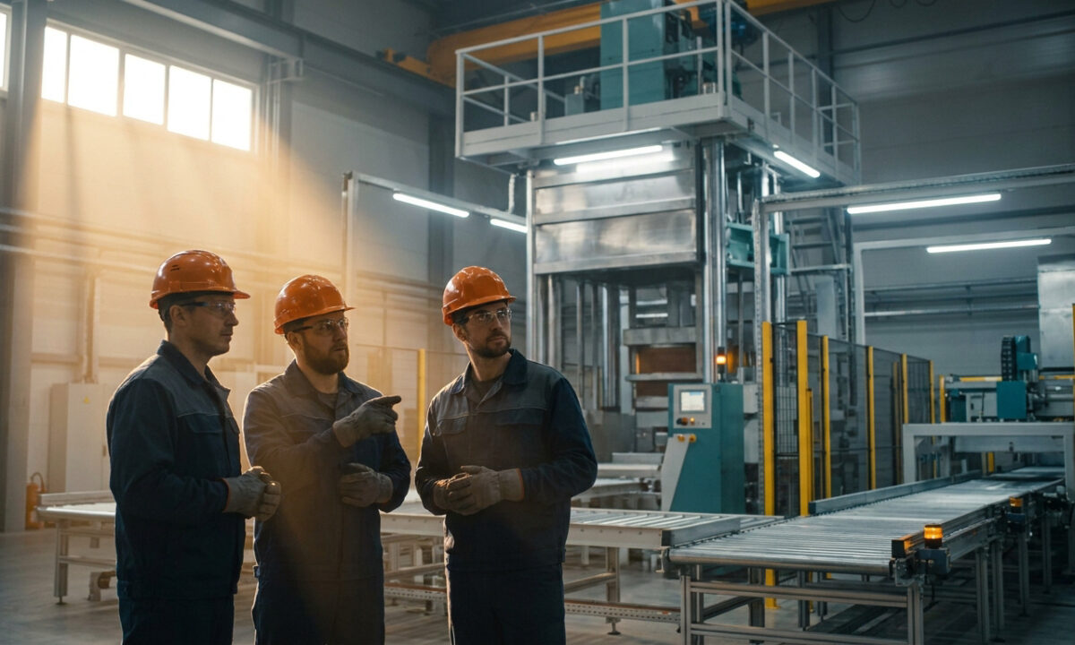 Trois techniciens en casque de chantier discutant dans une usine industrielle sous la lumière du jour.