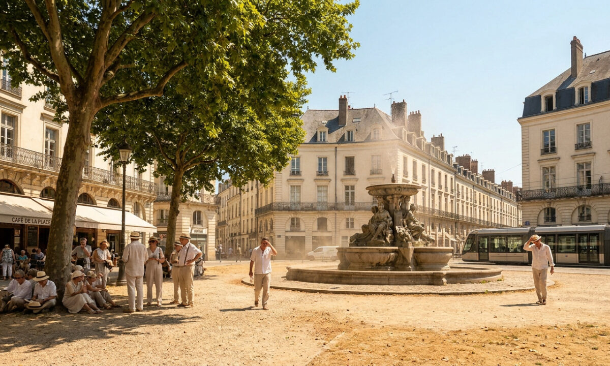Gens cherchant l'ombre sous des arbres face à la fontaine de la place Royale à Nantes lors d'une journée ensoleillée.