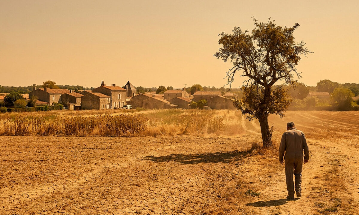 Un agriculteur marche dans un champ aride et desséché sous une lumière écrasante avec un village en arrière-plan.