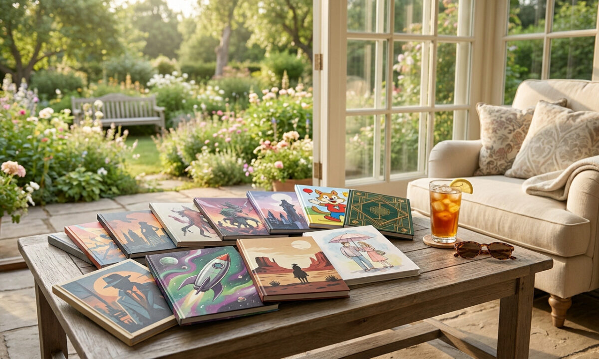 Une table basse avec une pile de bandes dessinées variées devant un jardin ensoleillé et un fauteuil confortable.