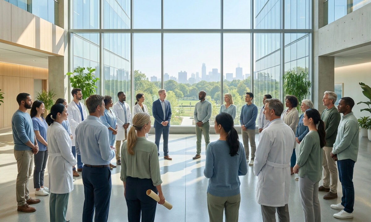 Un groupe diversifié de professionnels forme un cercle dans un hall moderne avec une vue panoramique sur une ville.