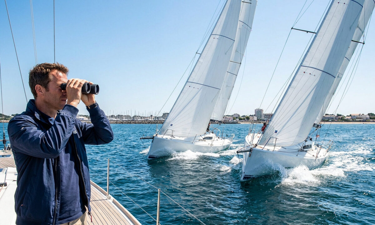 Olivier Brumeau observe deux voiliers en pleine course avec des jumelles depuis le pont d'un bateau.
