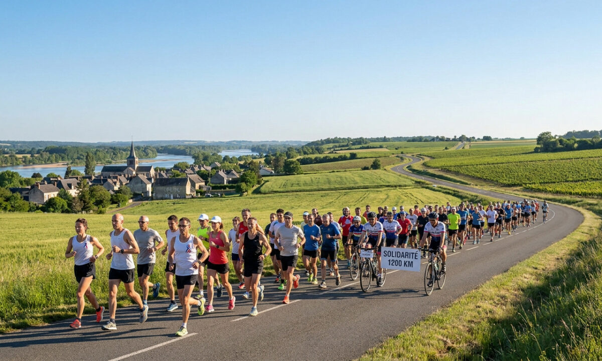 Un grand groupe de coureurs et cyclistes parcourt une route de campagne pour le Défi ODP, avec un panneau "Solidarité 1200 km".