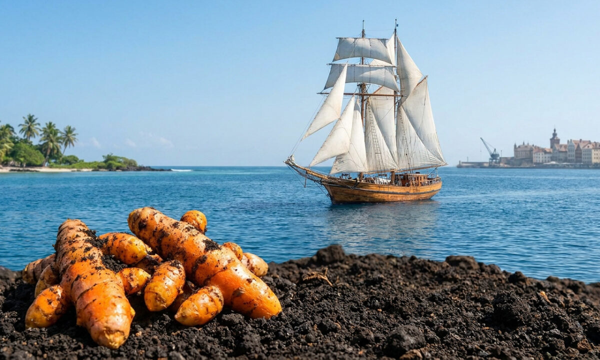 Gros plan sur des racines de curcuma frais sur un sol volcanique avec un vieux voilier naviguant en mer en arrière-plan.