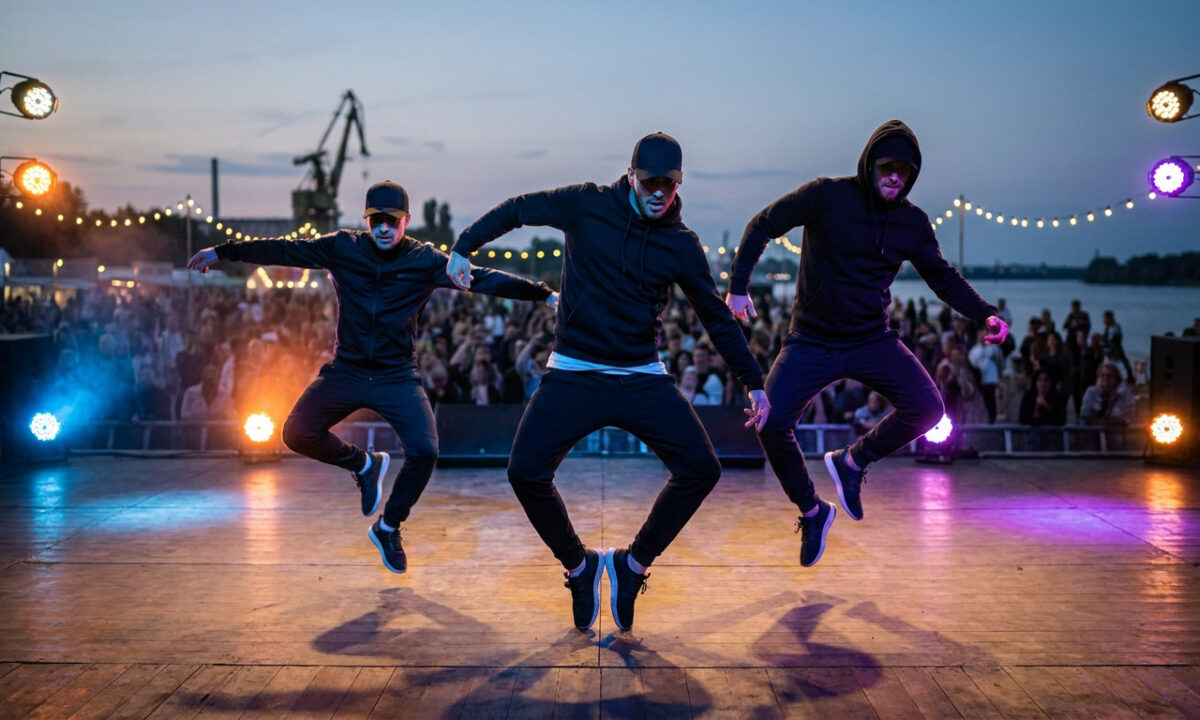 Trois danseurs en tenues sombres effectuant un saut chorégraphié sur la scène du festival Les Escales à Saint-Nazaire.