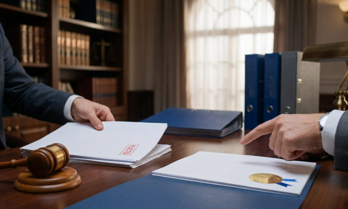 Un avocat ou magistrat manipulant des dossiers juridiques avec un tampon "REJECTED" et un sceau officiel sur le bureau.