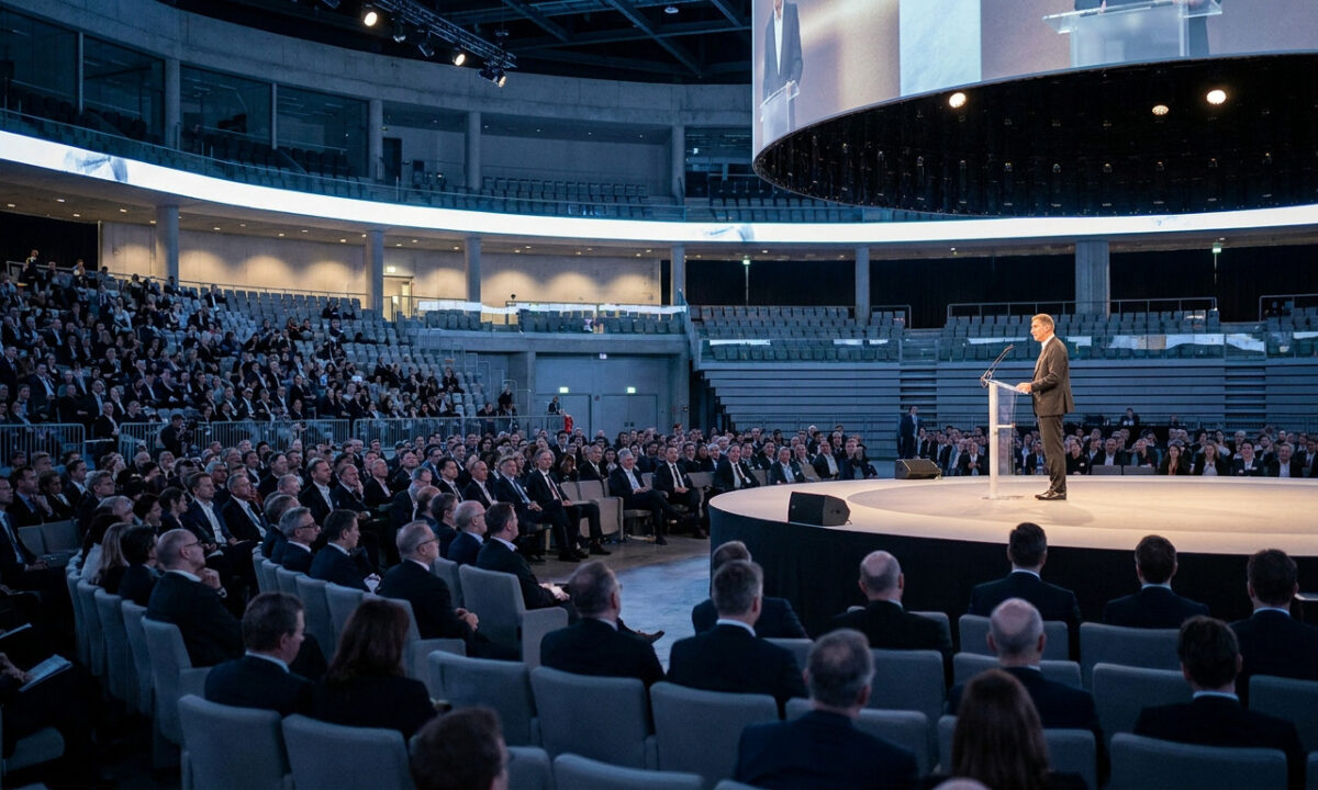 Édouard Philippe prononce un discours sur une scène circulaire devant une salle comble à l'Arena.