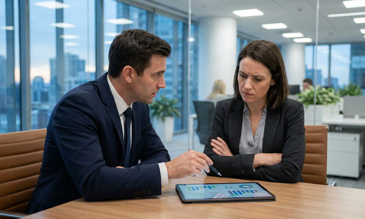 Un homme et une femme en tenue professionnelle discutent sérieusement devant une tablette affichant des graphiques.