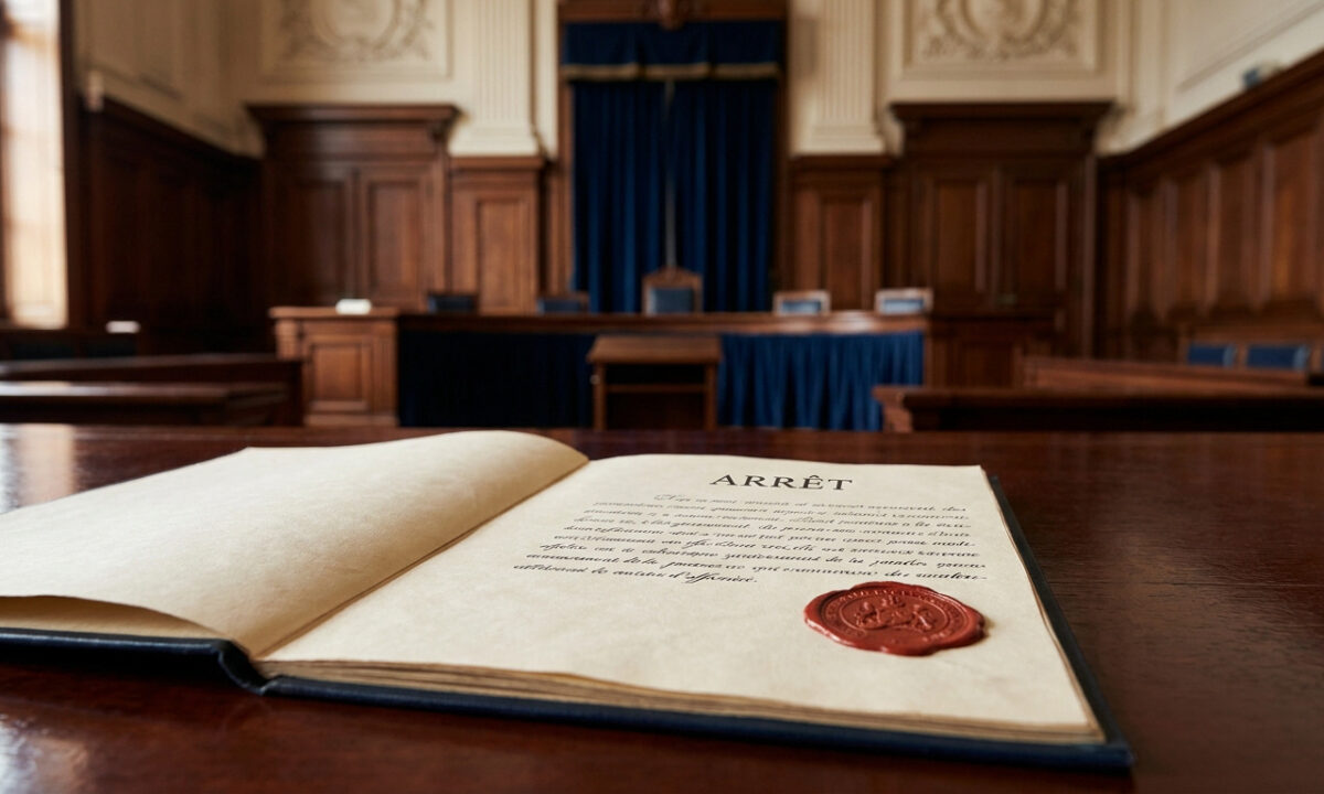 Un document juridique officiel portant un sceau de cire posé sur une table en bois dans une salle d'audience solennelle.