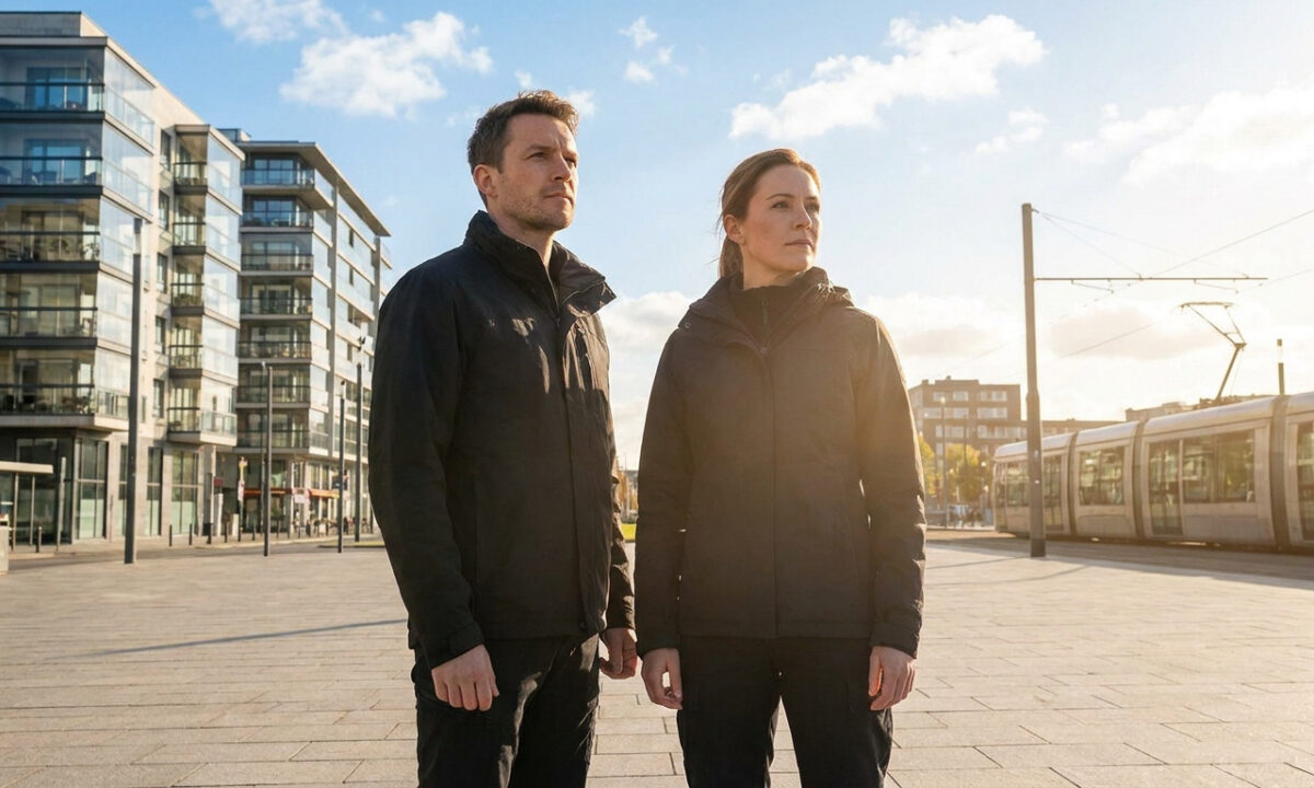 Deux agents de police en tenue tactique se tiennent debout sur une place urbaine à Nantes avec un tramway en arrière-plan.