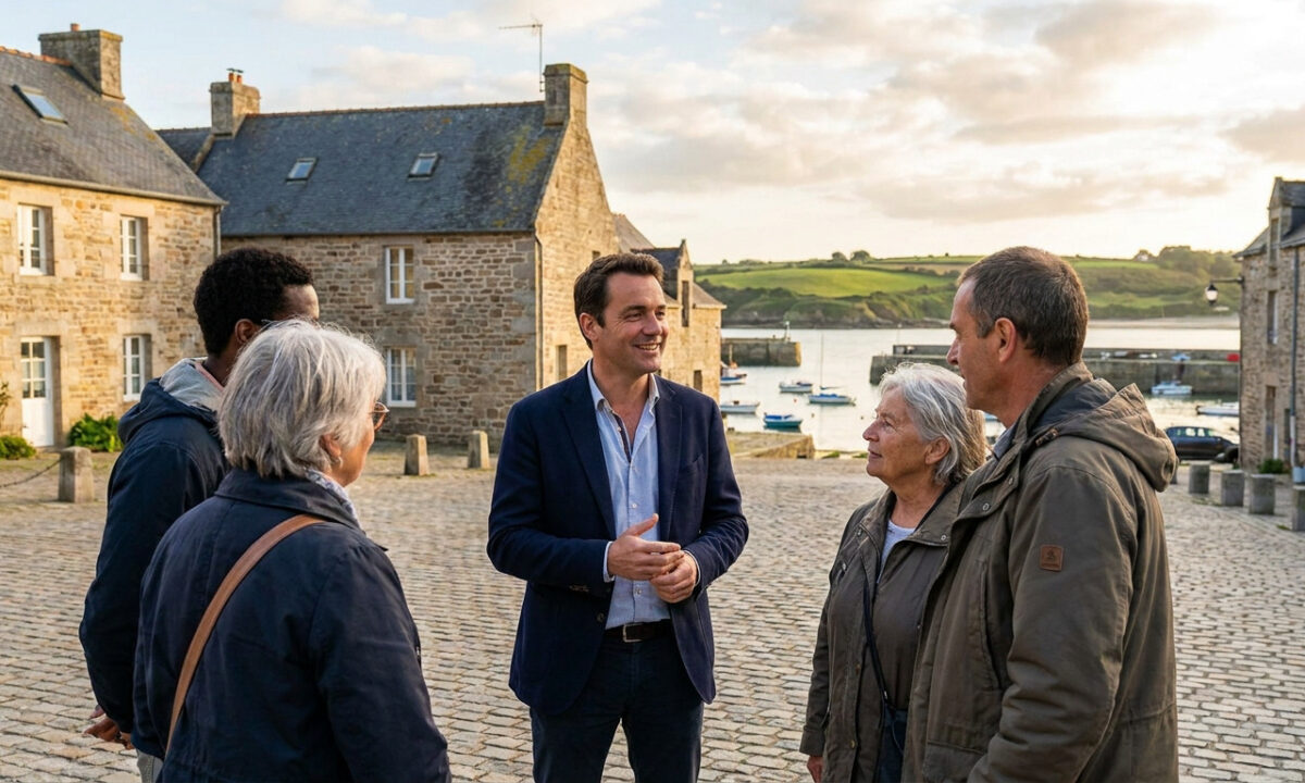 Gabriel Attal échange avec des habitants sur une place pavée face au port en Bretagne.
