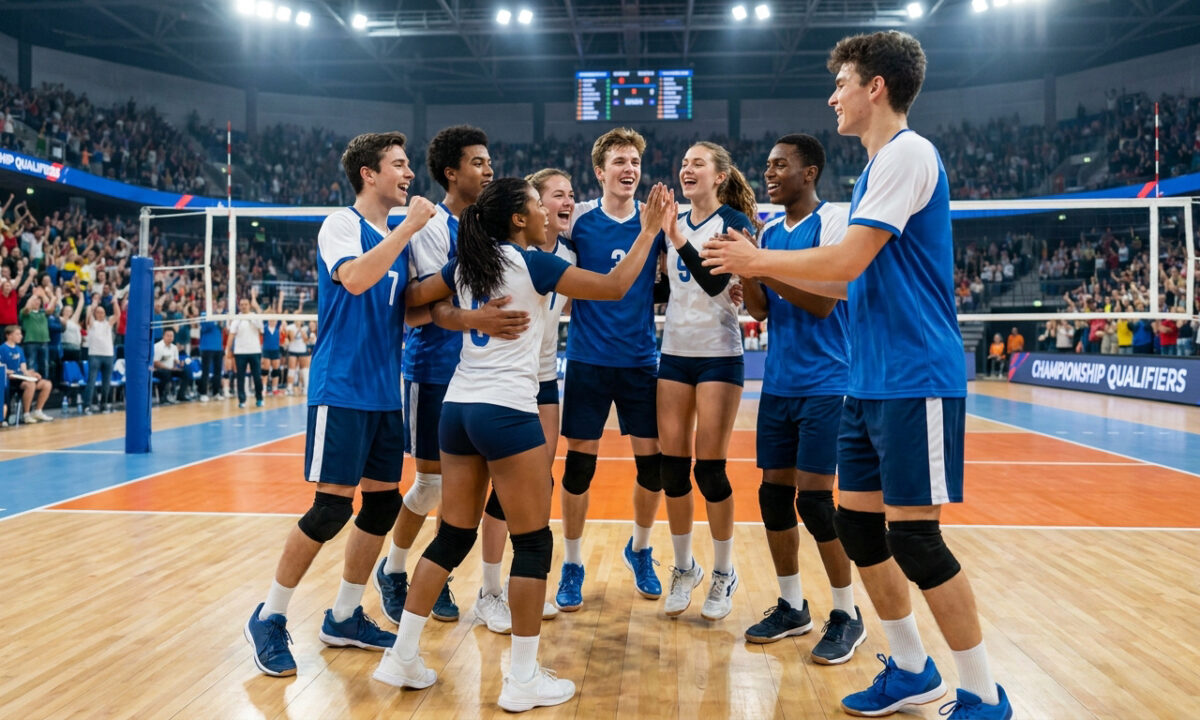 Équipe de volley-ball célébrant une victoire sur le terrain lors d'un tournoi international devant une foule en délire.