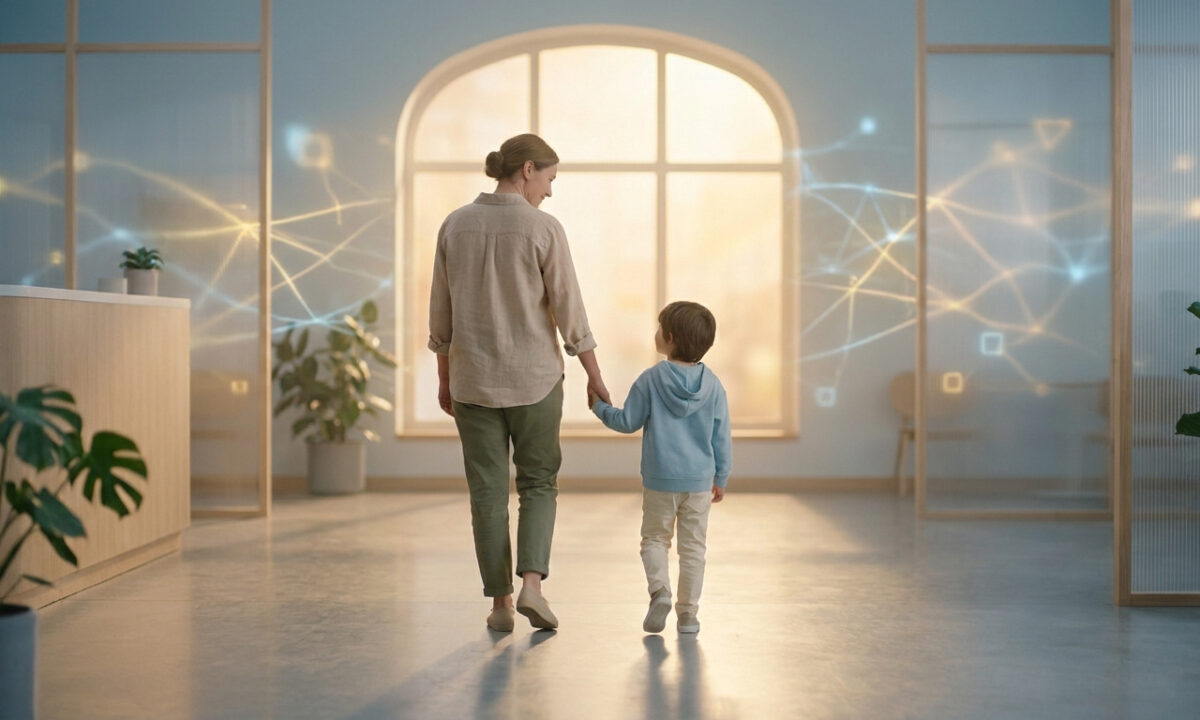 Une femme et un enfant marchant main dans la main vers une fenêtre lumineuse, entourés d'effets graphiques connectés.