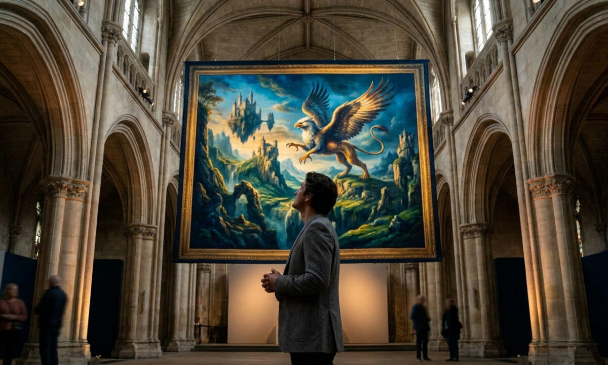 Un visiteur observe une immense peinture représentant un griffon et un château suspendu dans une cathédrale gothique.