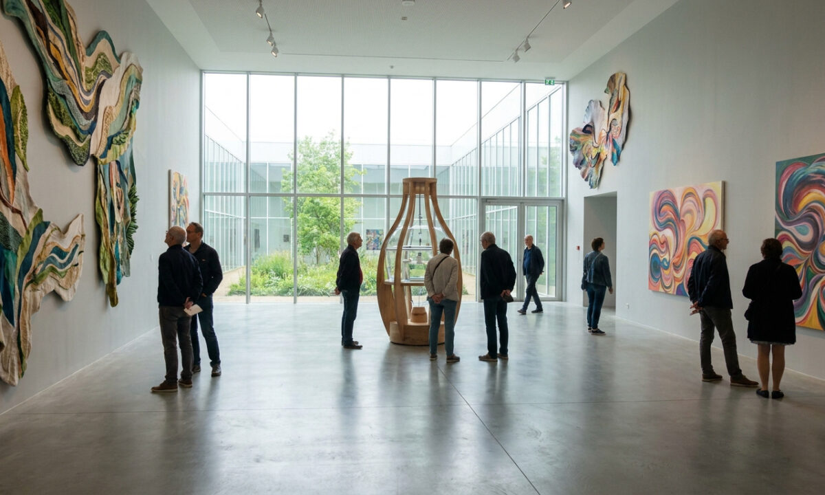 Des visiteurs observent des œuvres d'art colorées et une sculpture centrale dans la galerie lumineuse Jumble à Lorient.