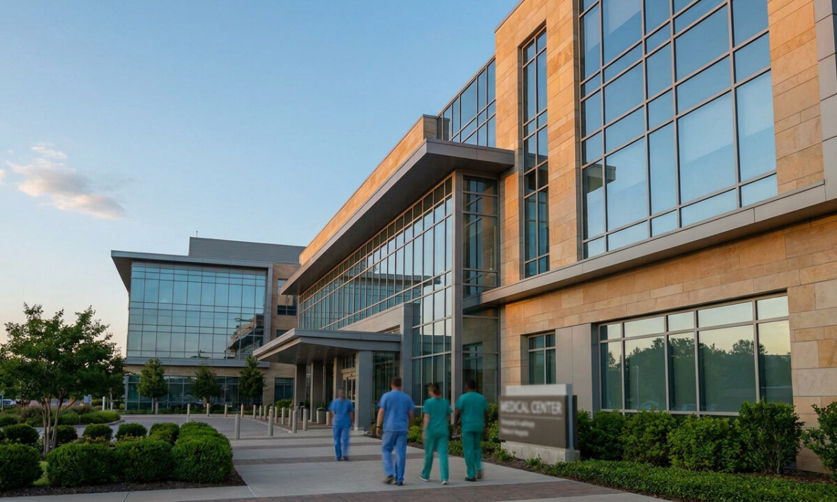 Le personnel soignant marchant devant l'entrée moderne d'un centre hospitalier sous un ciel ensoleillé.