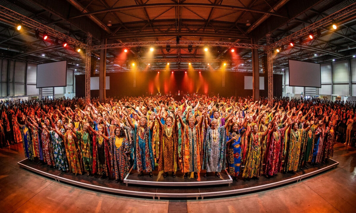 Une vaste chorale en tenues colorées sur scène à Nantes, chantant avec enthousiasme sous des projecteurs scéniques.