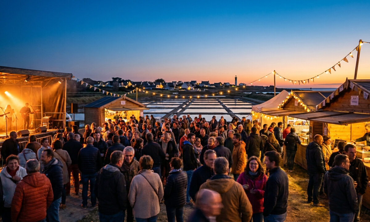 Foule assistant à un concert en plein air près des marais salants au coucher du soleil à Batz-sur-Mer.