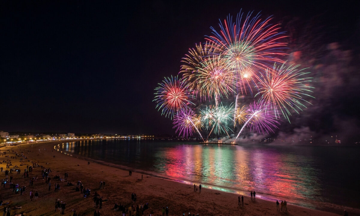 Feu d'artifice coloré au-dessus de la mer à La Baule avec une foule rassemblée sur la plage de nuit.
