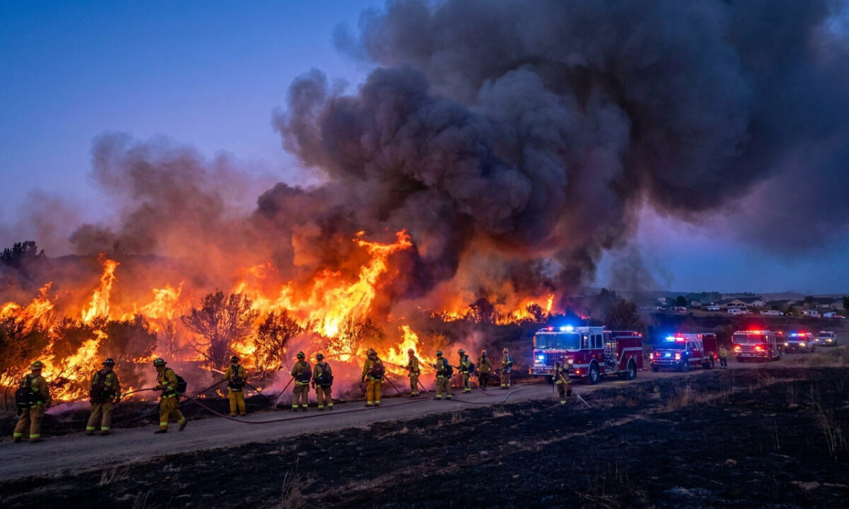 Des pompiers luttent contre un incendie violent avec des camions sous un ciel sombre et une épaisse fumée.