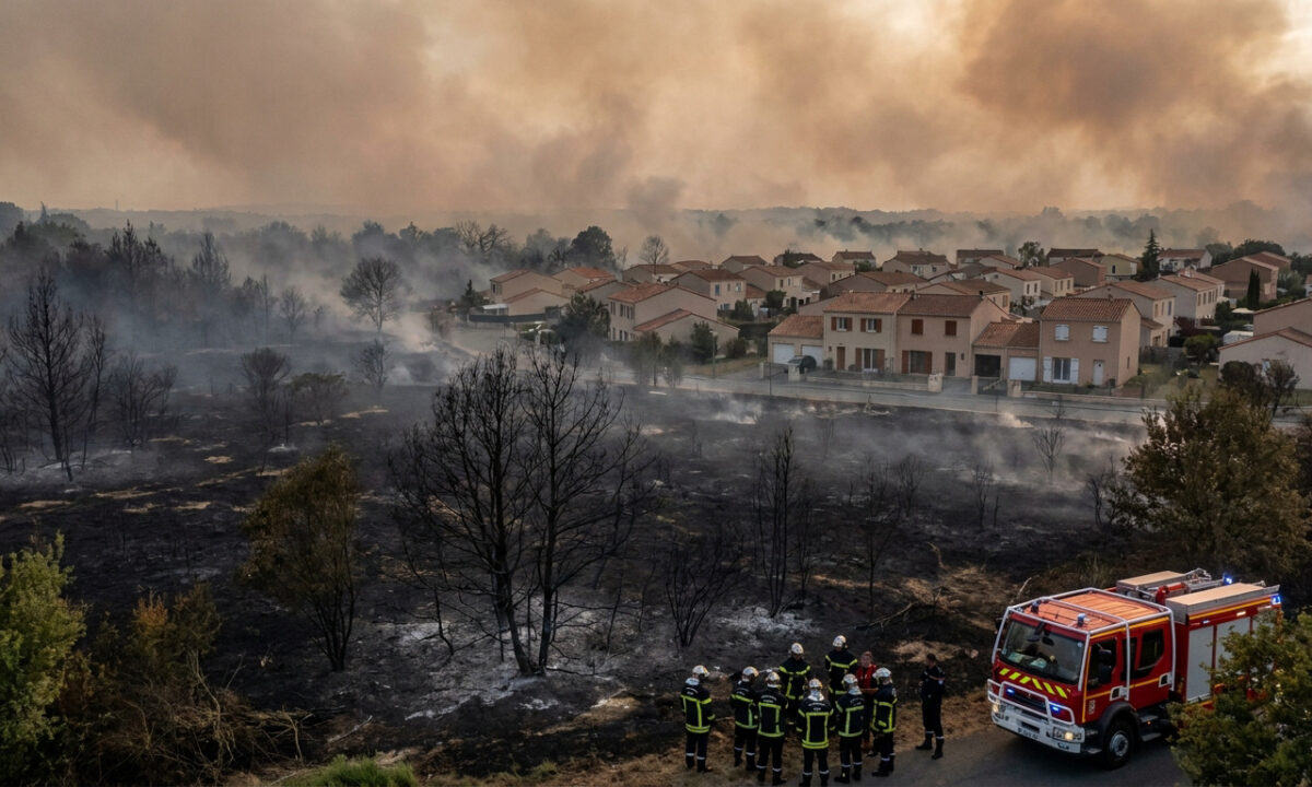 Pompiers devant un paysage calciné après un incendie, avec un lotissement en arrière-plan sous un ciel enfumé.