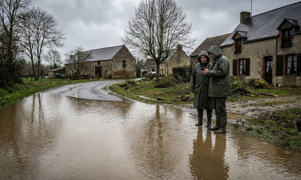 Deux personnes en imperméables observant une route inondée devant des maisons en pierre après des orages.