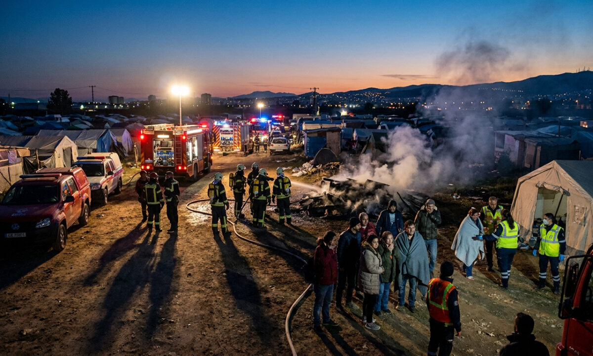 Pompiers intervenant sur un incendie dans un campement de tentes au crépuscule à Nantes.