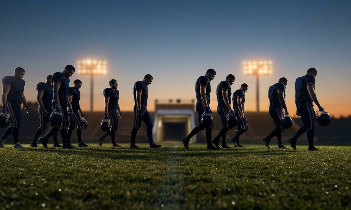 Joueurs de football américain quittant le terrain la tête basse au coucher du soleil après une défaite.