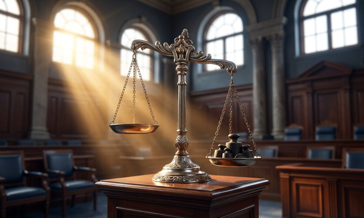 Balance de la justice en métal sur un socle en bois dans une salle d'audience baignée de lumière.