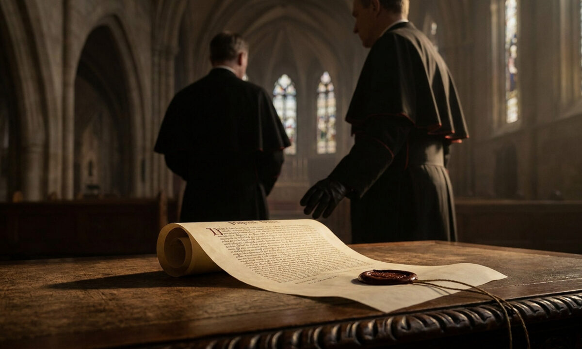 Un parchemin officiel avec un sceau de cire sur une table dans une église sombre avec deux ecclésiastiques en arrière-plan.