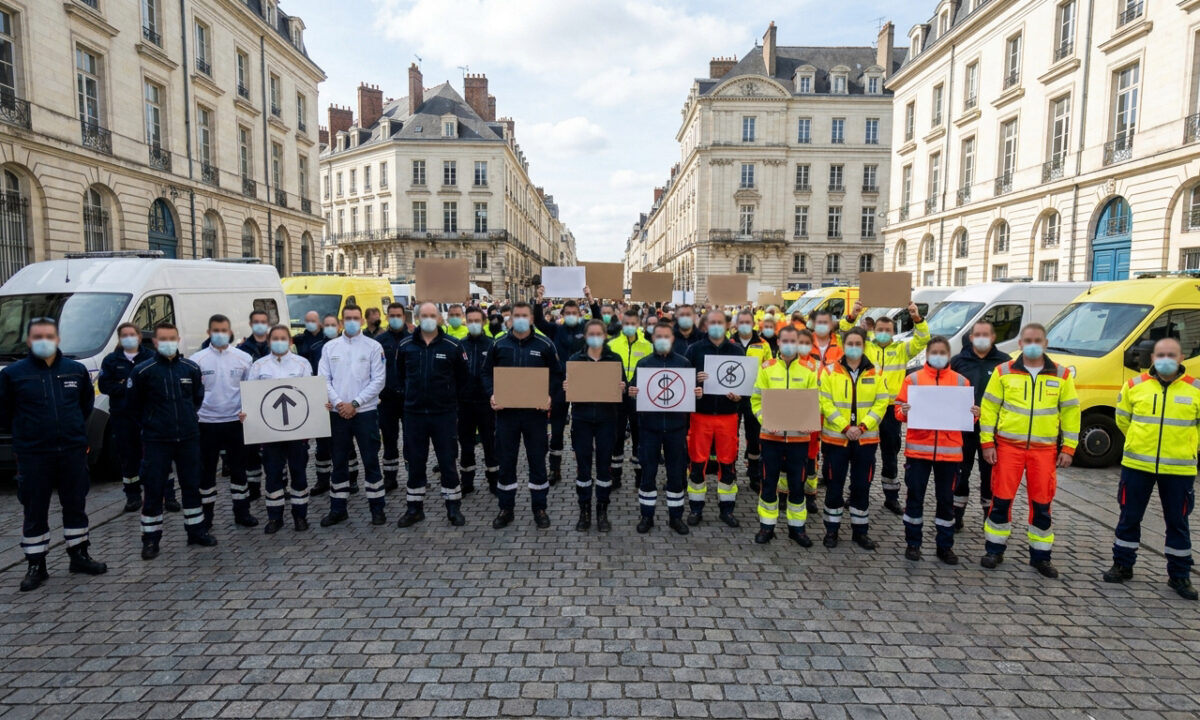 Un groupe d'ambulanciers manifestant dans une rue pavée de Nantes avec des pancartes et des ambulances en arrière-plan.