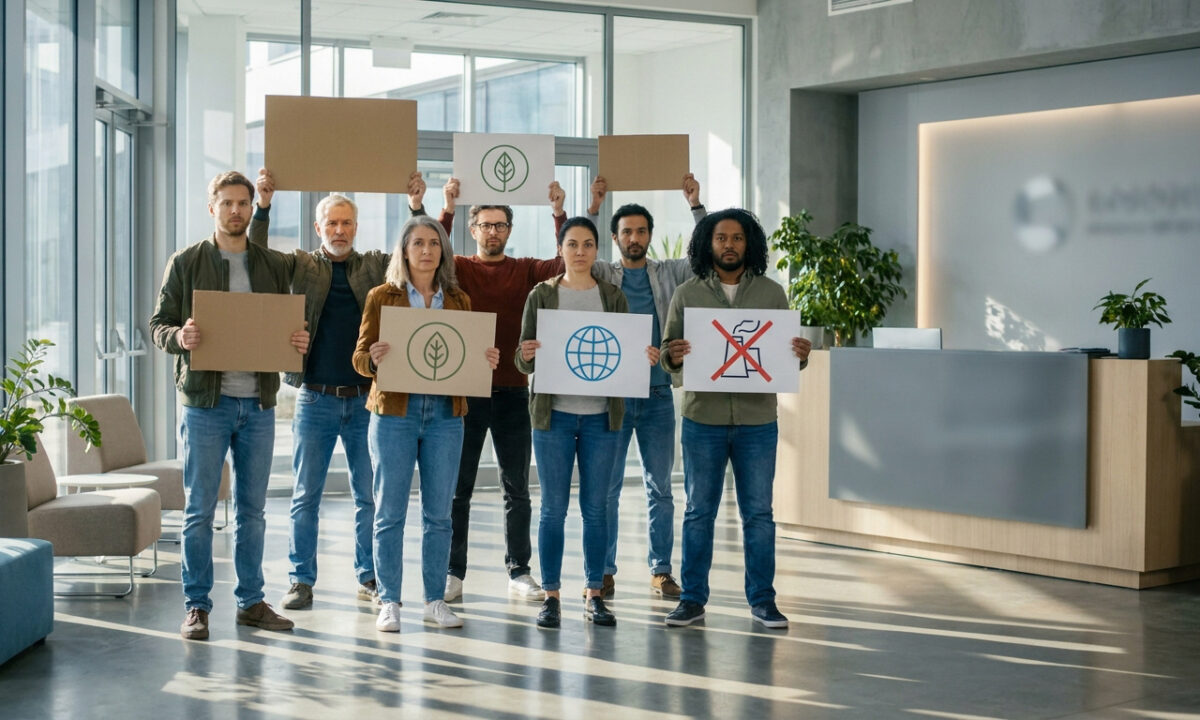 Groupe de personnes tenant des pancartes avec des symboles environnementaux dans un hall d'accueil moderne.