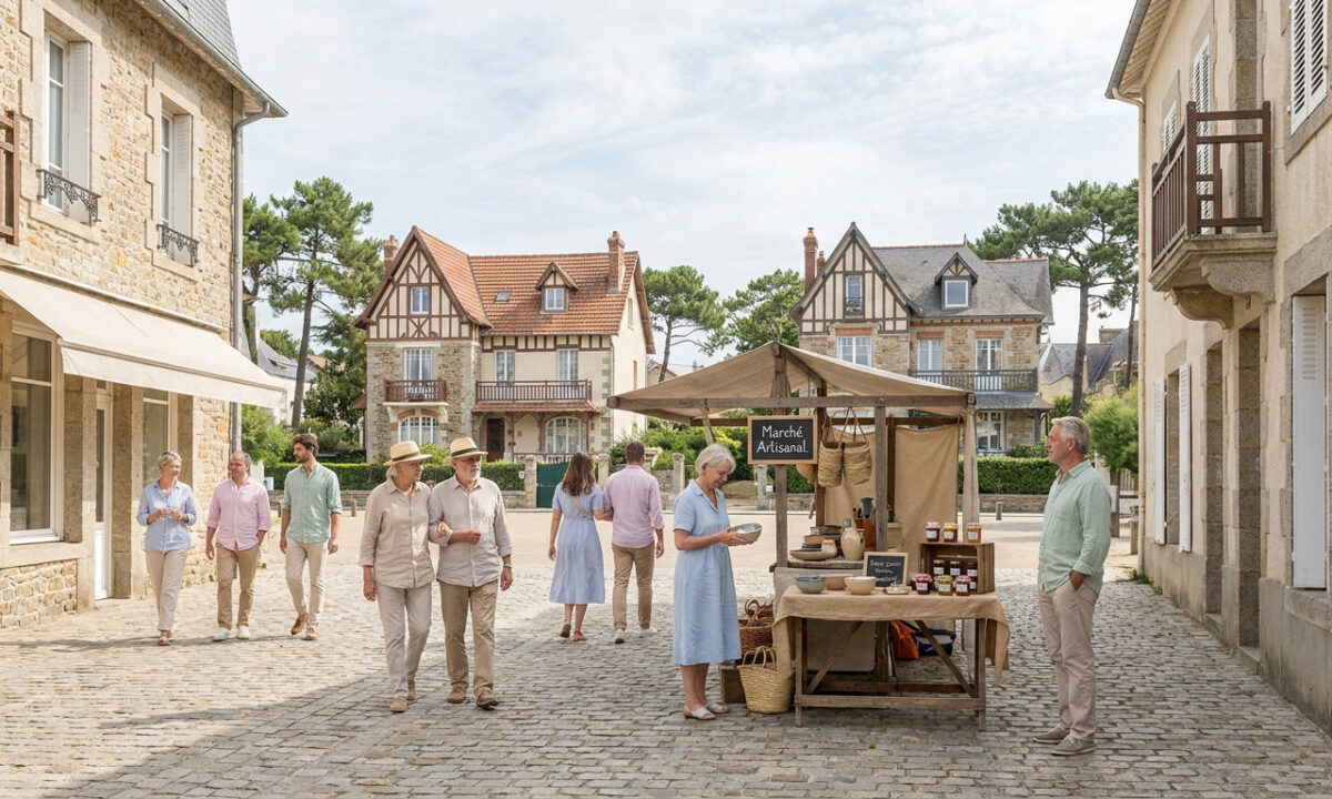 Des personnes se promènent et font leurs achats sur un petit marché artisanal dans une rue pavée de La Baule.