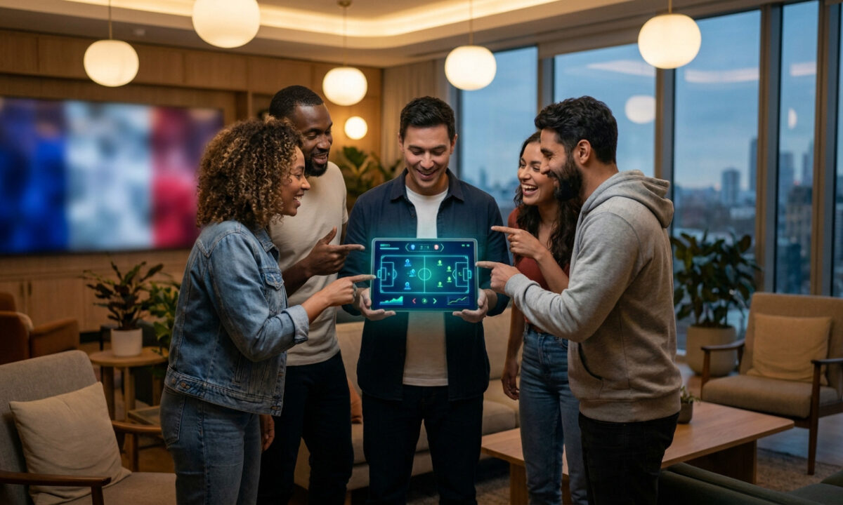 Groupe d'amis utilisant une tablette tactile affichant des statistiques de football lors de la Coupe du Monde 2026.
