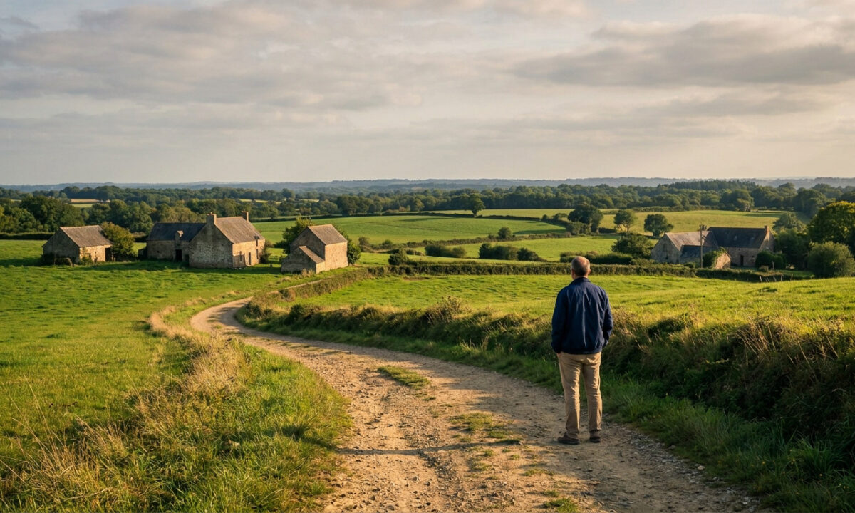 Un homme observe un paysage rural vallonné à Bouvron, en Loire-Atlantique.