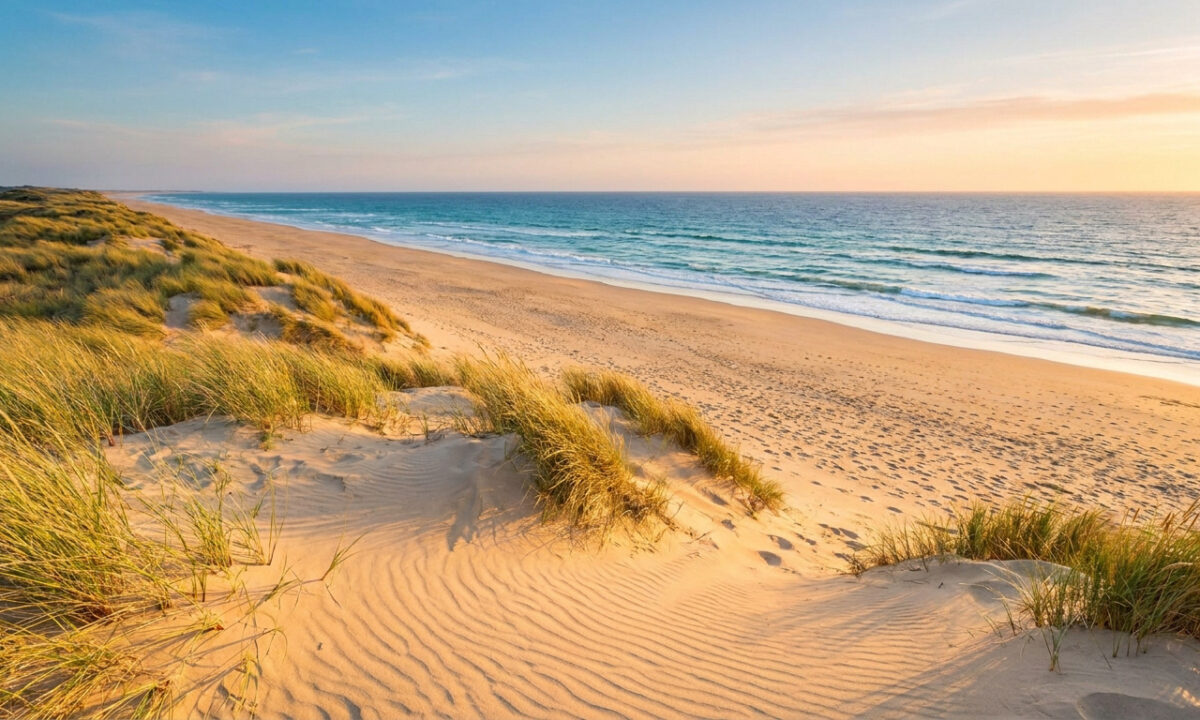 Une vaste plage de sable fin bordée de dunes herbeuses sous une lumière dorée de coucher de soleil.