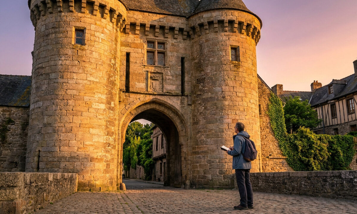 Un voyageur contemplant la porte Saint-Michel à Guérande au coucher du soleil.