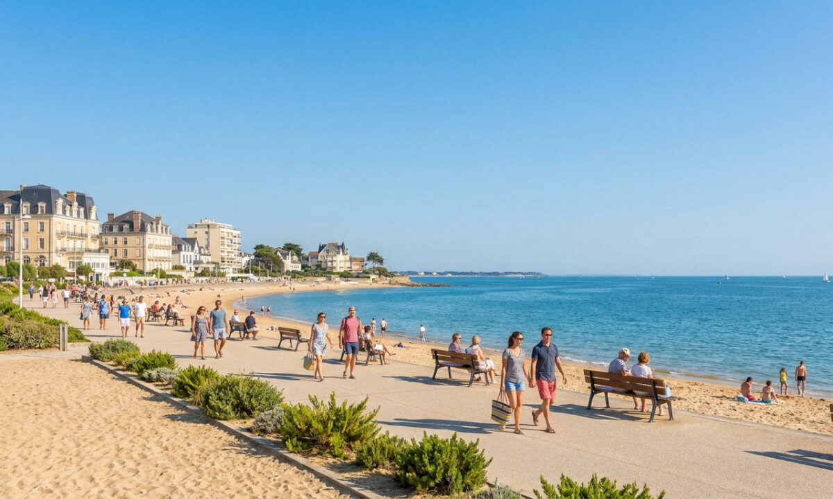 Promenade en bord de mer à La Baule sous un ciel bleu avec des vacanciers se promenant et se relaxant.
