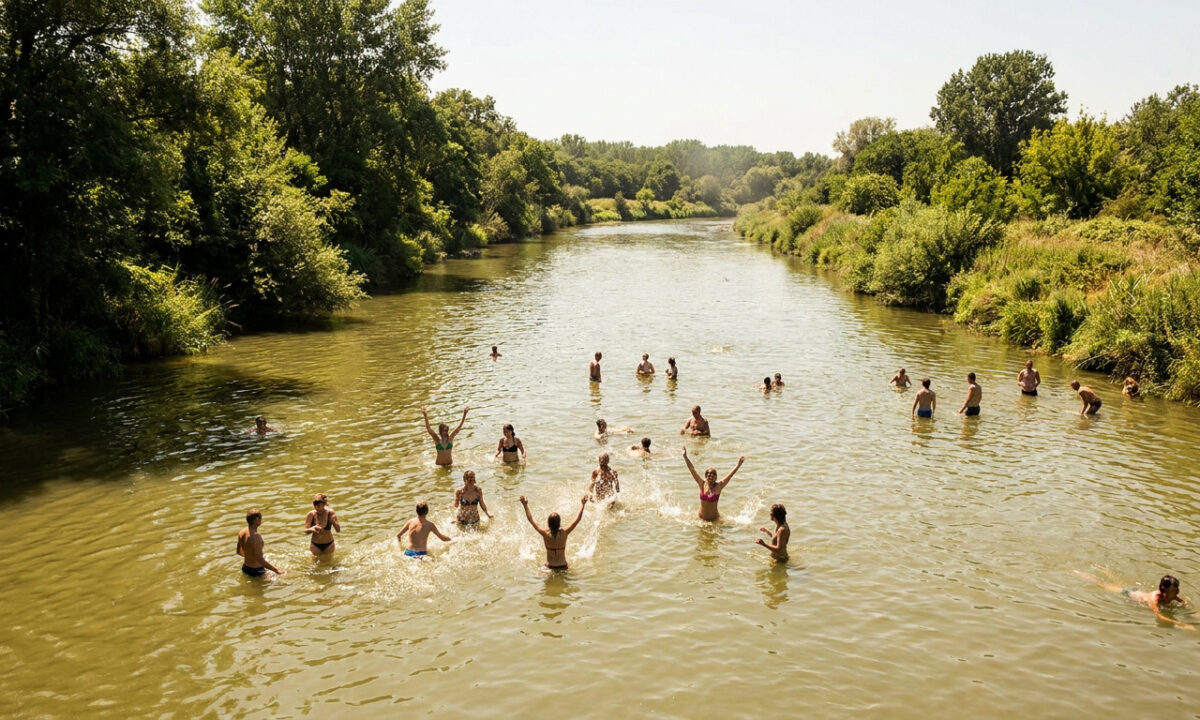 Groupe de personnes se baignant dans les eaux troubles d'une rivière bordée d'arbres verdoyants.