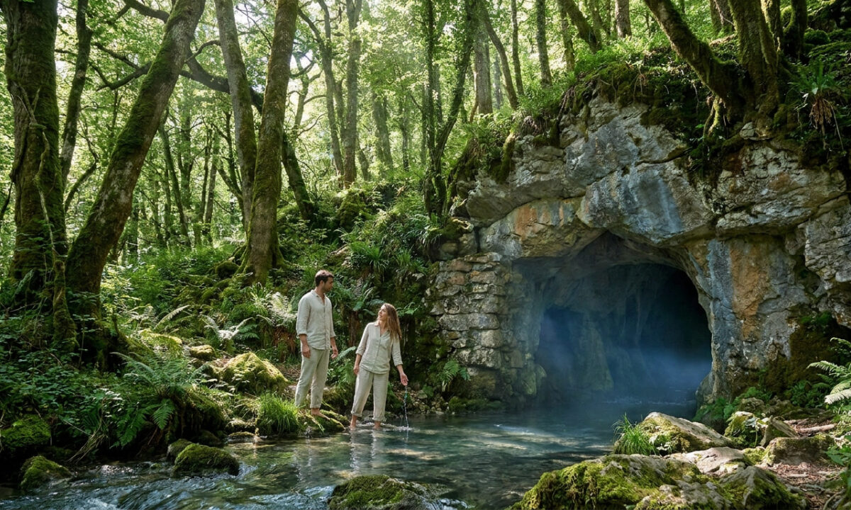 Un couple se rafraîchit dans une rivière devant l'entrée d'une grotte mystérieuse dans une forêt verdoyante.