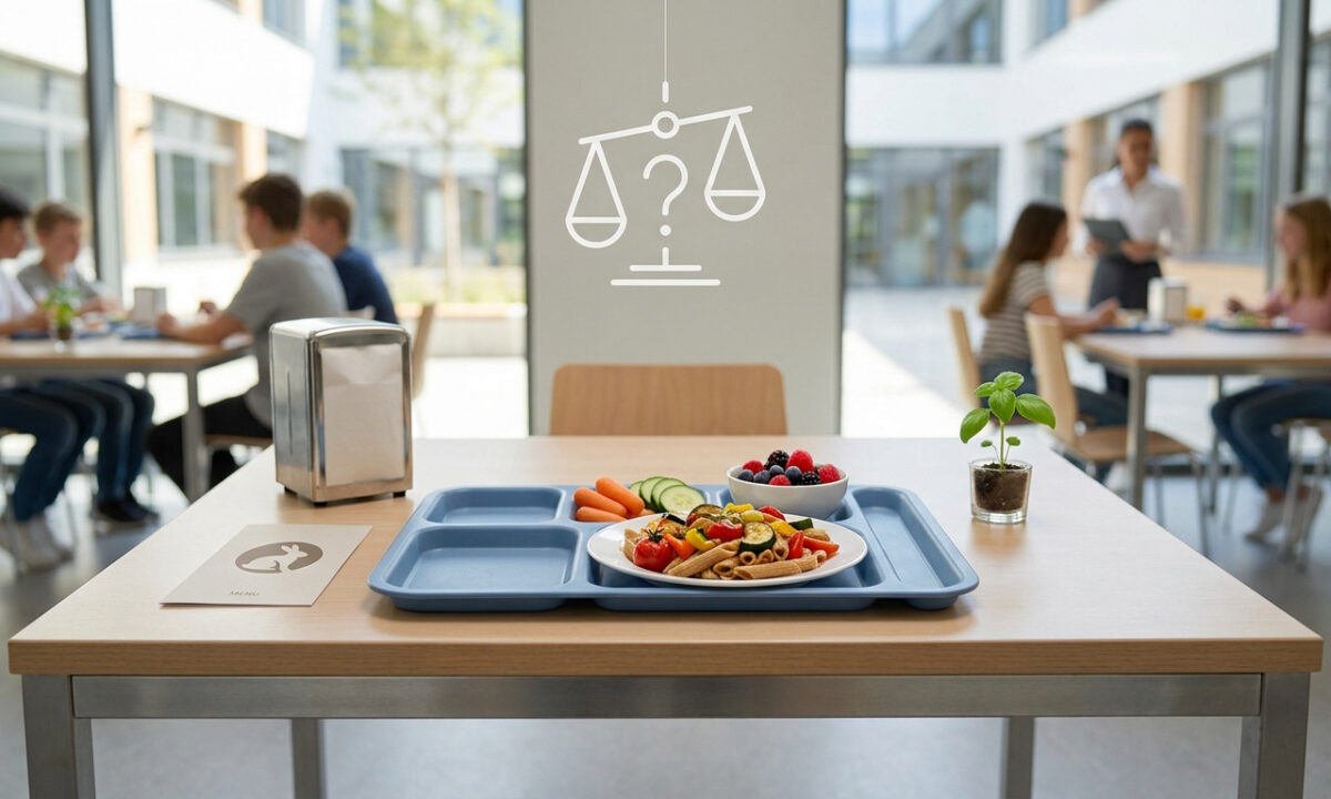 Plateau repas au premier plan dans une cantine avec une balance en arrière-plan symbolisant un choix alimentaire.