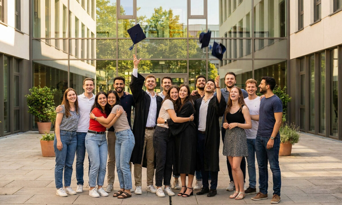 Groupe d'étudiants souriants lançant leurs chapeaux de diplômés dans une cour d'université à Nantes.