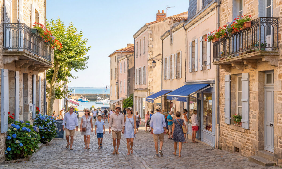 Des touristes marchent dans une rue pavée fleurie de Pornic menant au port sous un ciel ensoleillé.