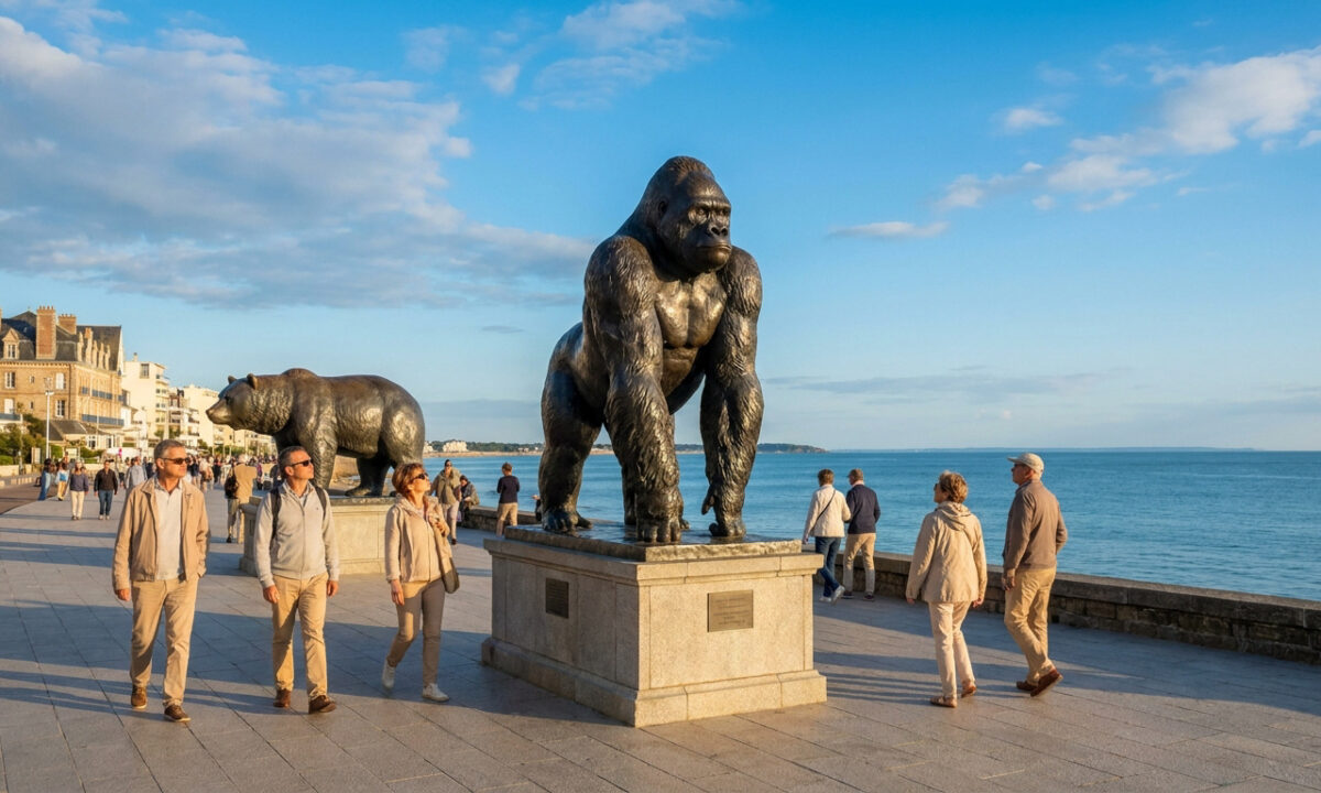 Promeneurs admirant des statues monumentales de gorille et d'ours sur la promenade de bord de mer à La Baule.