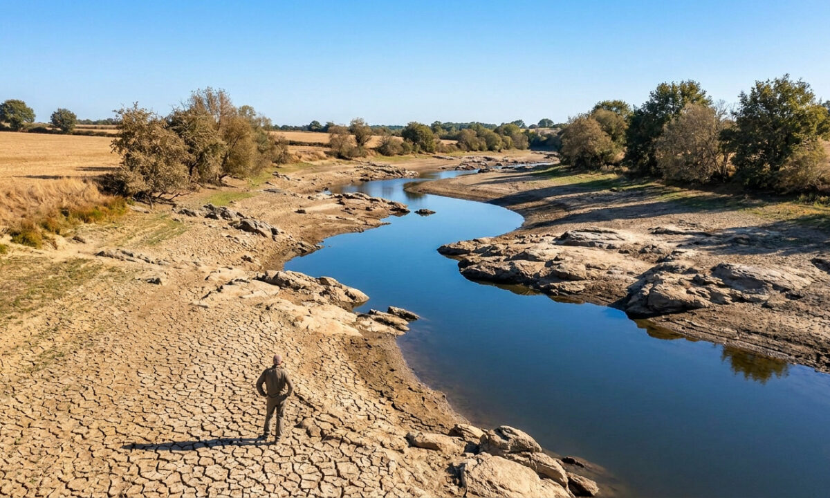 Un homme observe une rivière asséchée avec un lit craquelé en Loire-Atlantique.