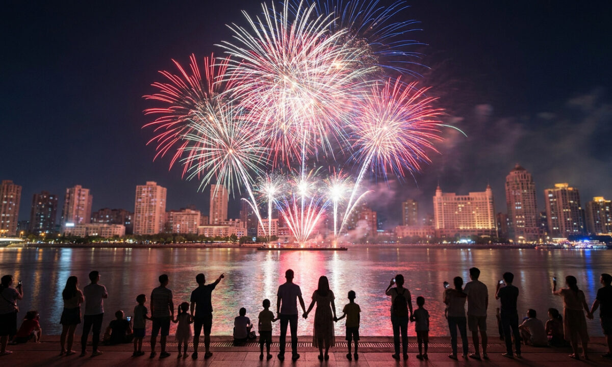 Une foule regarde un feu d'artifice spectaculaire au-dessus d'une rivière devant des bâtiments illuminés.