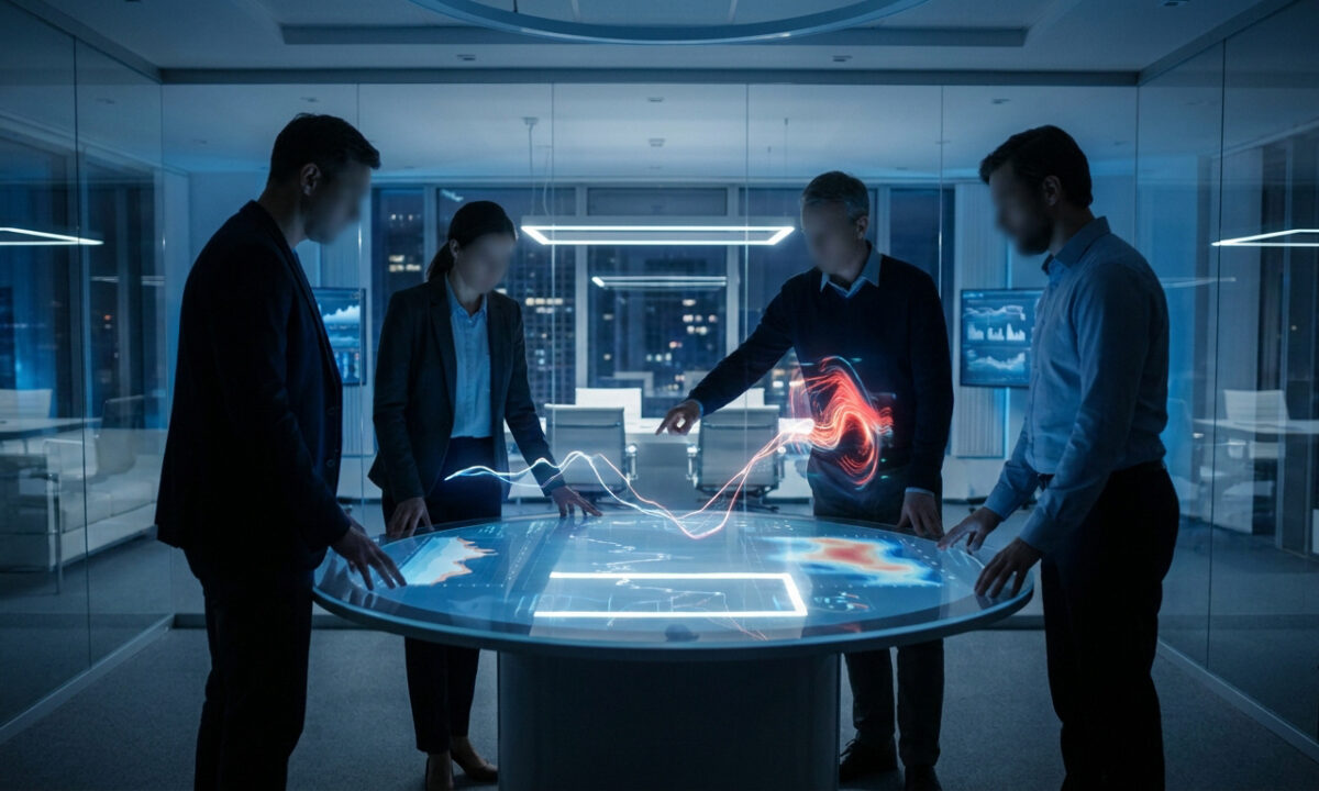 Une équipe d'analystes examine des graphiques holographiques sur une table tactile interactive dans un bureau moderne.