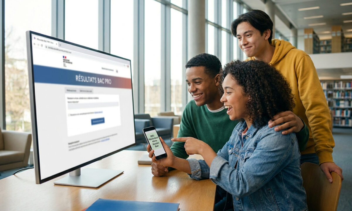 Trois étudiants joyeux regardent les résultats du Bac Pro sur un écran d'ordinateur et un smartphone en bibliothèque.